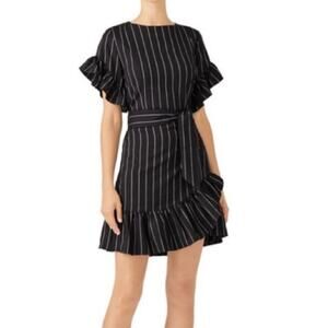 Drew Black White Striped Ruffle Trim Wrap Dress Womens Large